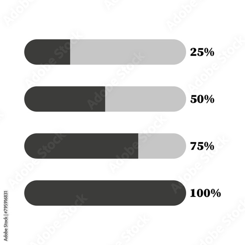 Progress bars in grayscale showing incremental completion in quarters. User interface design elements for tracking or loading. Vector illustration. EPS 10.