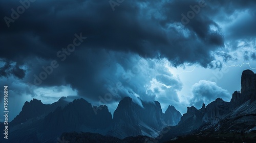Dark storm clouds over the majestic mountains and flashes of lightning illuminate the horizon. Generative AI © kovalovds