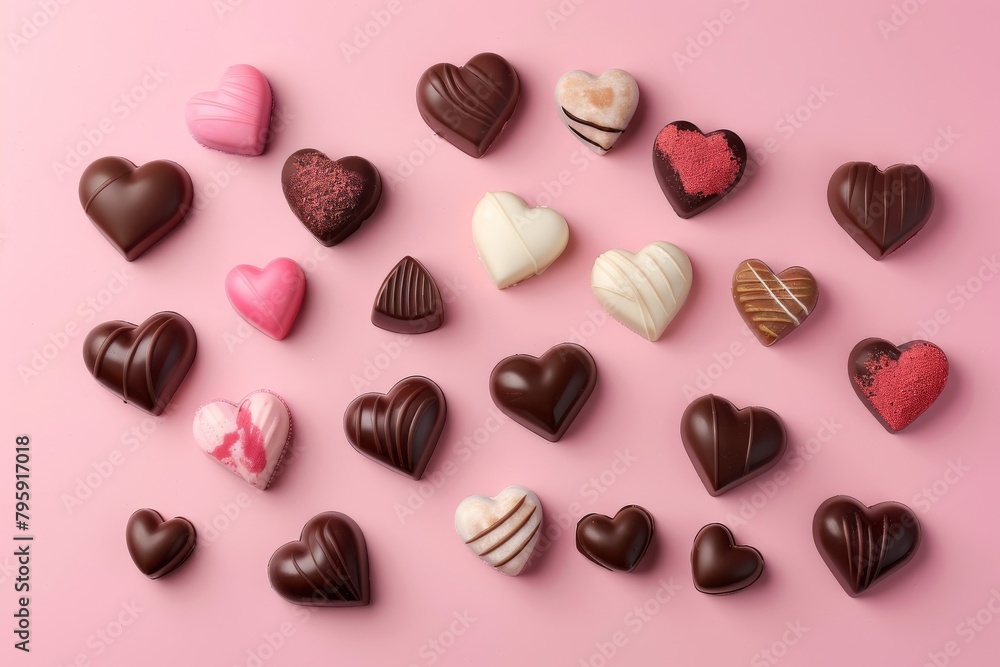 Assorted heart-shaped chocolates on a pink background. Assorted heart-shaped chocolates on a pink background.