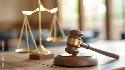 In a courtroom, the concept of law and authority is embodied by a lawyer, a judgment gavel, and a hammer, all pivotal for legal decisions, crime legislation, and judicial verdicts photo