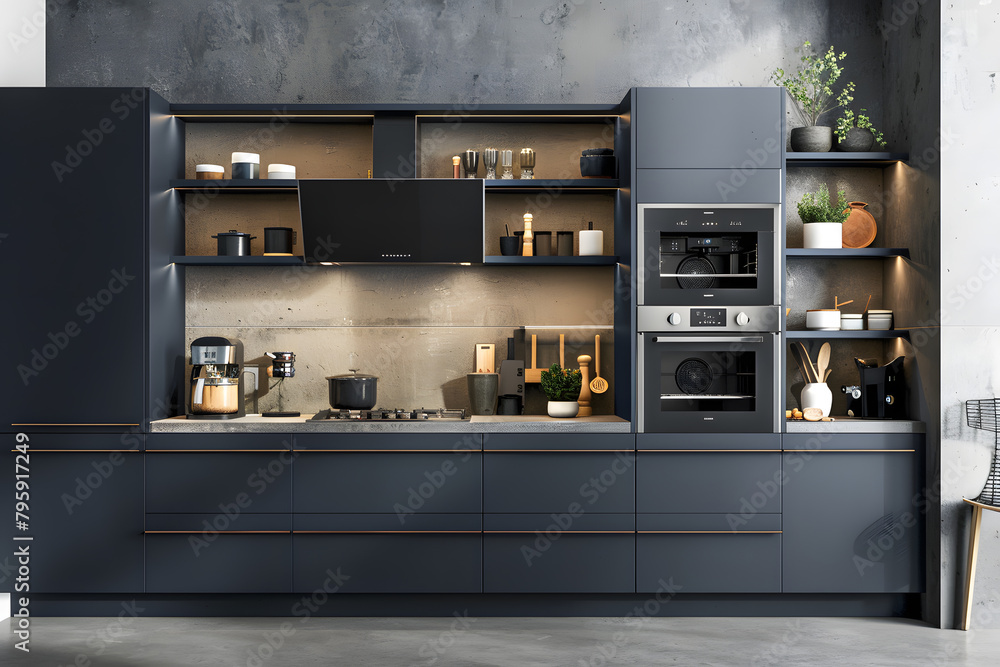 Contemporary modern kitchen interior in navy dark blue colors and concrete elements. Contemporary modern kitchen interior in navy dark blue colors and concrete elements.