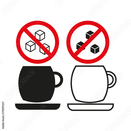 No sugar in coffee sign. Sweetener forbidden with beverages. Sugar cubes prohibition icon. Vector illustration. EPS 10.