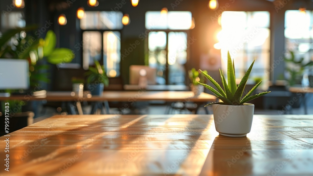 Potted plant on wooden table in well-lit modern office space Potted plant on wooden table in well-lit modern office space