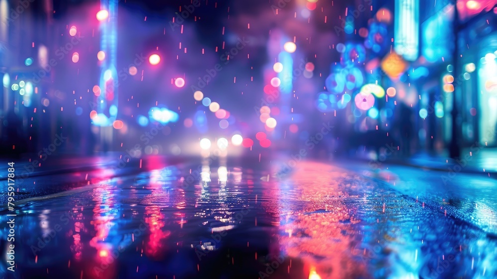 Colorful city lights reflecting on wet street with raindrops falling at night Colorful city lights reflecting on wet street with raindrops falling at night