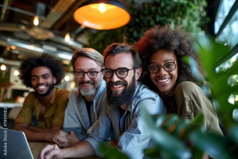 Portrait of smiling multiethnic business people working together in cafe