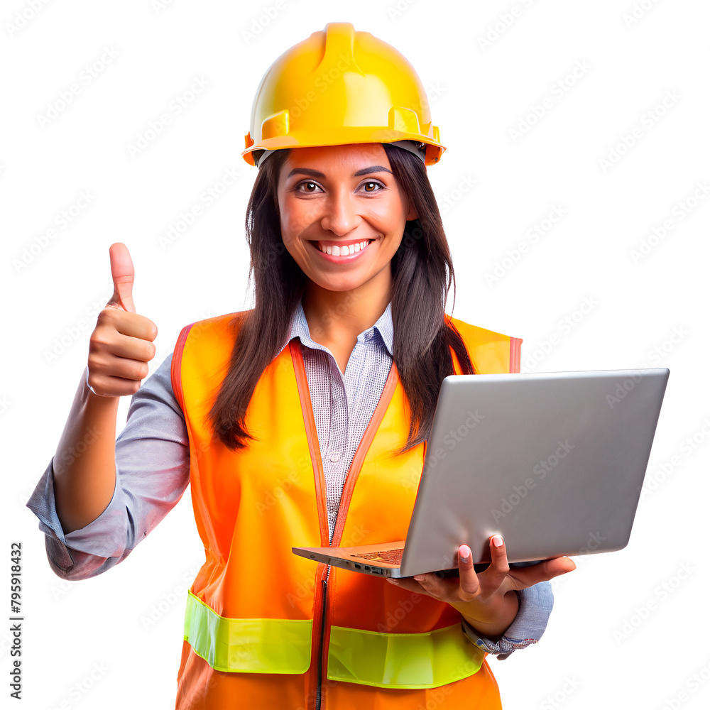 Engineer latin woman holding a laptop and thumbs up on the transparent background.
Engineer latin woman holding a laptop and thumbs up on the transparent background.