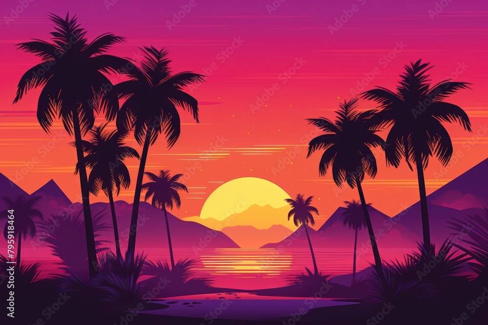 80s synthwave landscape sunset tree sky.