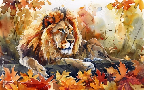 Watercolor painting Portrait of a majestic lion in Autumn which is very beautiful photo