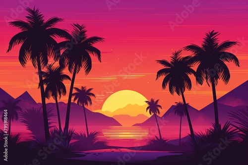 80s synthwave landscape sunset tree sky. © Rawpixel.com
