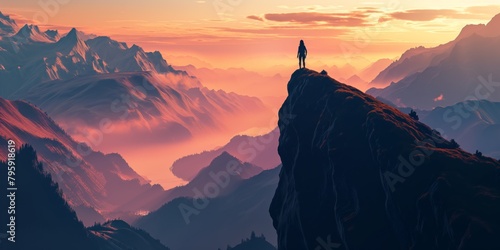 Person standing on a cliff edge with foggy mountains in the background at sunrise. Freedom and travel concept. Ambition aspiration success high achievement determination motivation concept