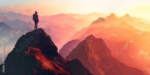 Person standing on a cliff edge with foggy mountains in the background at sunrise. Freedom and travel concept. Ambition aspiration success high achievement determination motivation concept #795918652