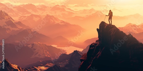Person standing on a cliff edge with foggy mountains in the background at sunrise. Freedom and travel concept. Ambition aspiration success high achievement determination motivation concept photo