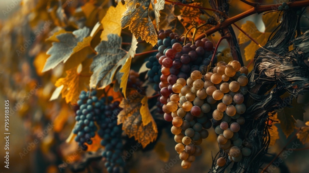 Obraz premium Many grapes on vine with leaves