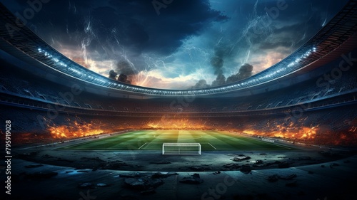 Fiery stadium with dramatic sky and debris - Eerie and intense depiction of a deserted stadium engulfed in flames with dark stormy sky and scattered debris © Tida