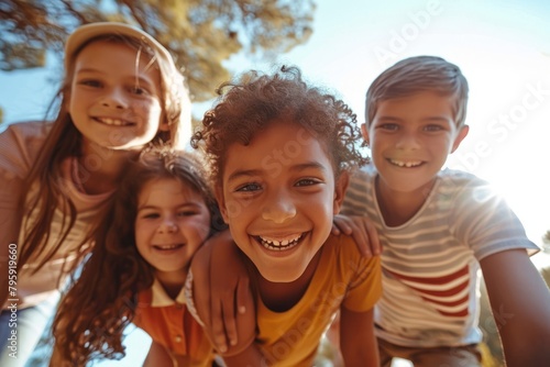 Close up portrait of a group of children looking at camera and smiling