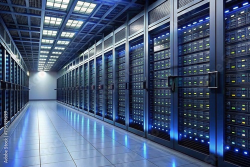 Server racks in computer network security server room data center 3D render dark blue