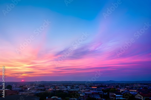 トワイライトに染まる夕日の都会風景