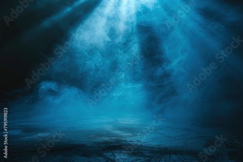 Rays, spotlights light. Empty dark scene with blue light. Asphalt blue dark street with smoke - generative ai