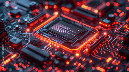 A close-up photo of a computer chip glowing orange under neon lights. Can be used for technology, computer-related blogs and advertisements.