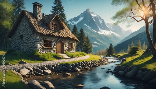 Beautiful cozy fantasy stone cottage in a spring forest aside a cobblestone path and a babbling brook. Stone wall. Mountains in the distance. Magical tone and feel, hyper realistic, river photo