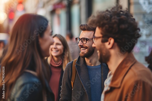 Group of friends walking in the city.They are talking and smiling.