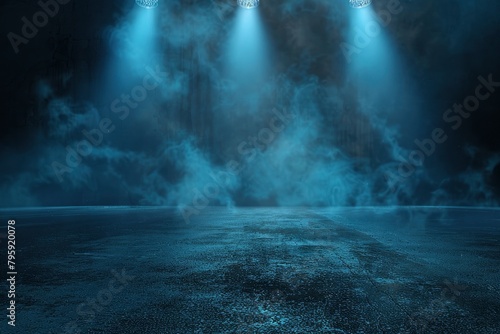Rays  spotlights light. Empty dark scene with blue light. Asphalt blue dark street with smoke - generative ai