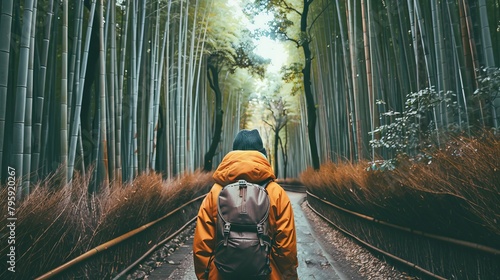A traveler enjoying a tranquil morning walk through a bamboo forest in Arashiyama, Japan photo