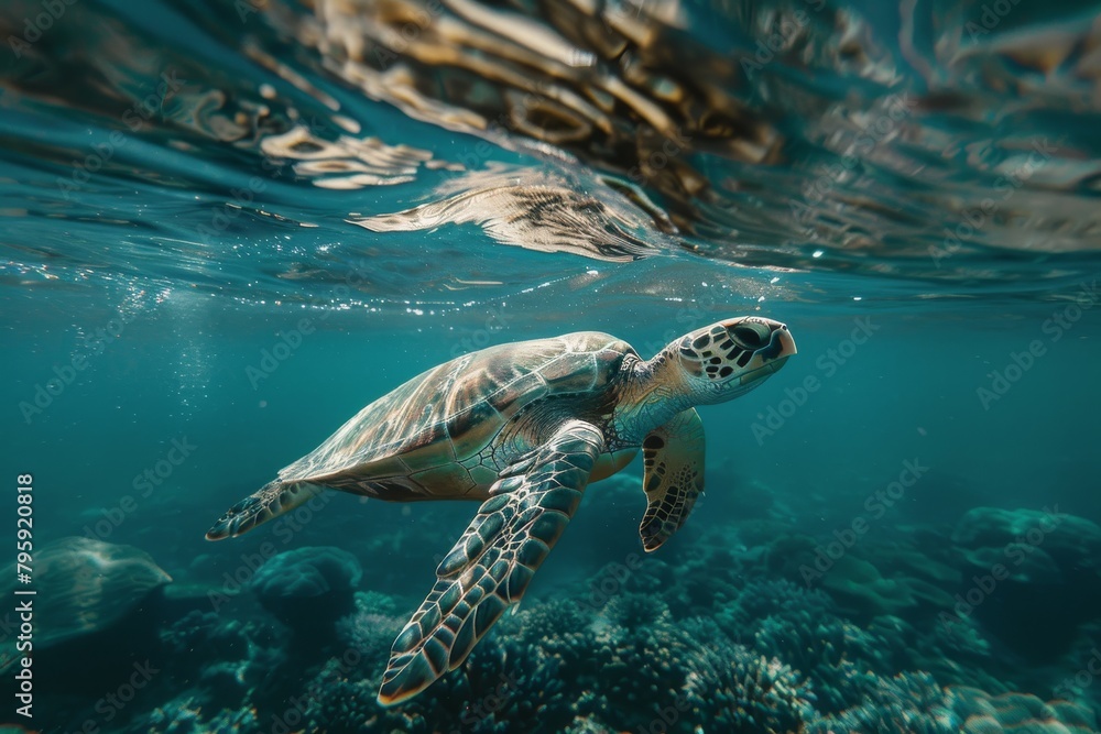 Sea turtle swimming in coral reef underwater. Sea turtle swimming in coral reef underwater.