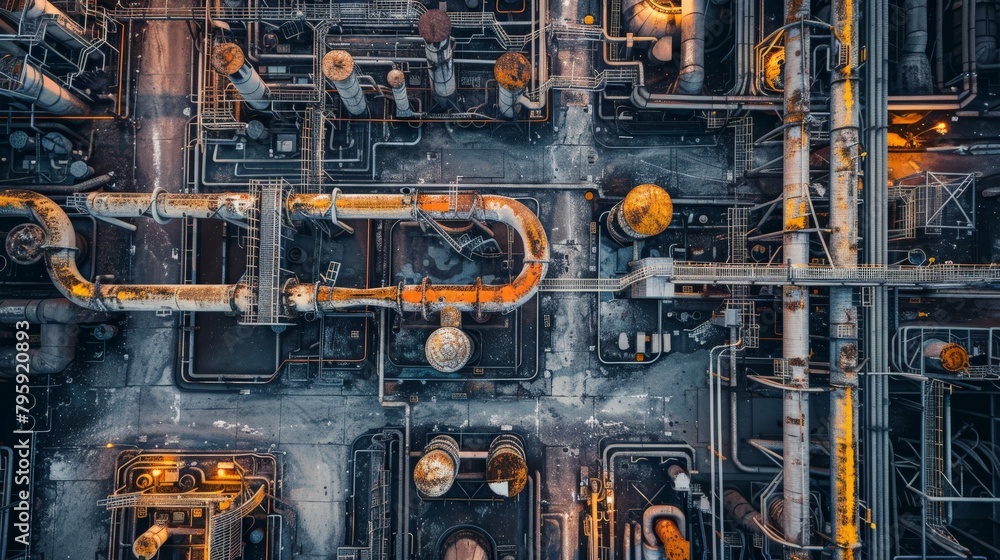 Aerial view of a factory floor dominated by intertwining steel pipelines and heavy-duty industrial valves