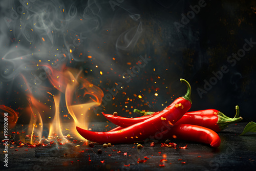 red hot chili peppers  Chili flames on a dark background