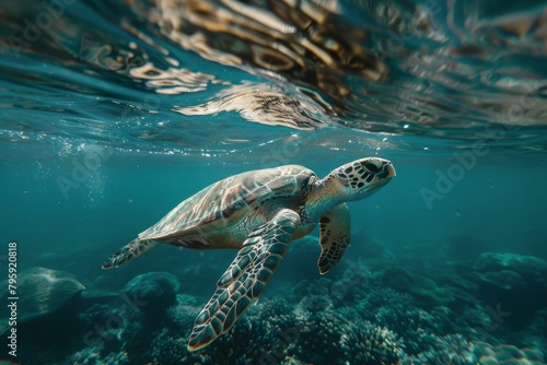 Sea turtle swimming in coral reef underwater.