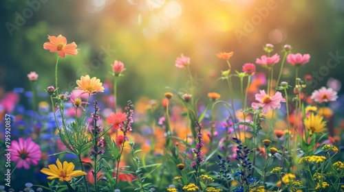 Field of blooms with sun in background