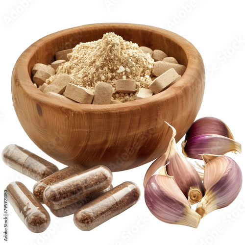 herbal capsule of gaelic with finely ground dry garlic and powder garlic capsule in wooden bowl on white background