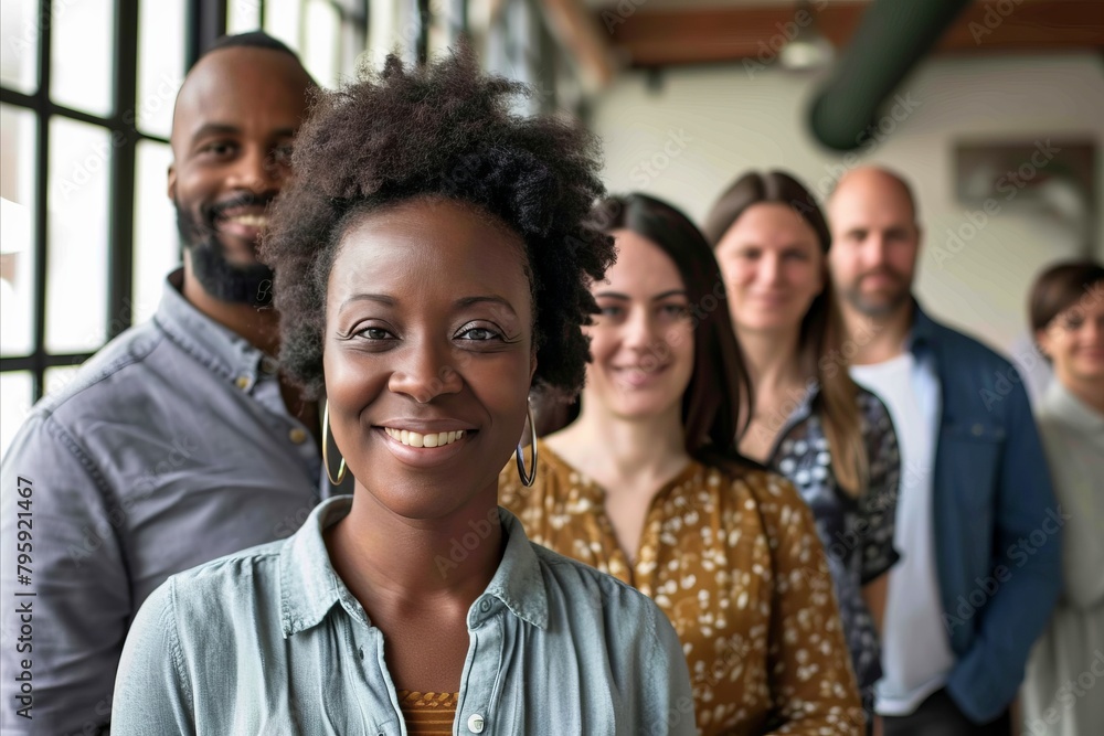 Portrait of a smiling african american businesswoman with colleagues in the background Portrait of a smiling african american businesswoman with colleagues in the background