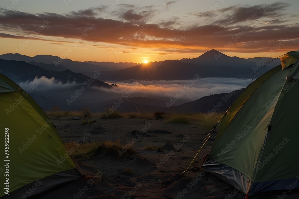 sunrise above mount bromo seen from inside a tent, java, indones Generator AI 