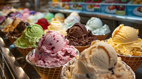 A variety of colorful ice cream scoops up close tempting your taste buds photo