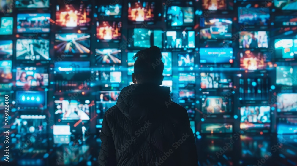 A person using a streaming service, like Netflix or Spotify, which uses AI algorithms to suggest movies, TV shows, or songs based on their viewing and listening history hyper realistic A person using a streaming service, like Netflix or Spotify, which uses AI algorithms to suggest movies, TV shows, or songs based on their viewing and listening history hyper realistic