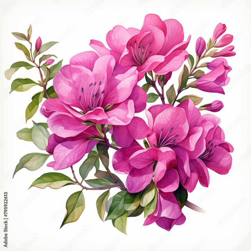 Obraz premium Watercolor bougainvillea clipart featuring bright pink and purple flowers, high detailed, clean sharp focus, unique hyper illustrations