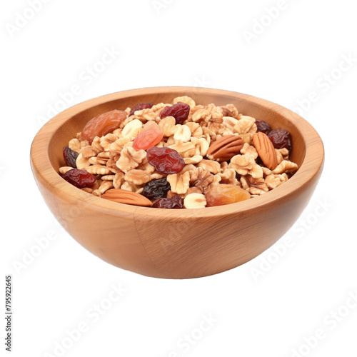 granola breakfast in wooden bowl isolated on white background