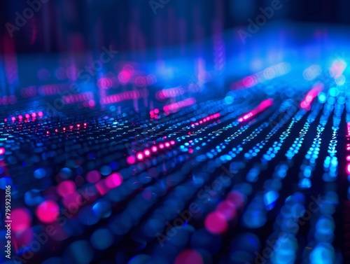 Abstract minimalistic dark blue and neon background with blurred computer code. 