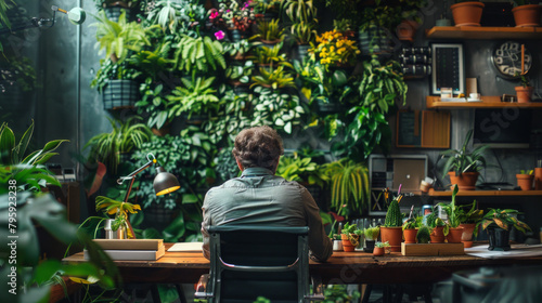 A man sits at a desk in a room filled with plants