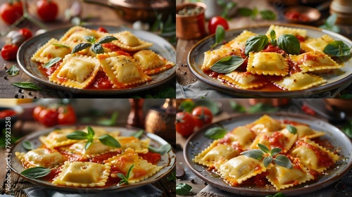 Four delicious plates of ravioli garnished with fresh basil and tomatoes