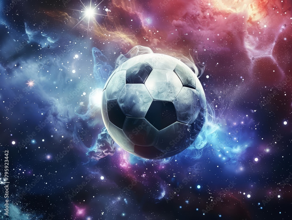 Fototapeta premium Graphic arts representation of a soccer ball in a cosmic setting for banner, poster, or flyer