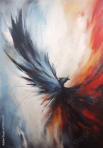 feathers flying, a light background, dark colors splashed around, abstract painting 