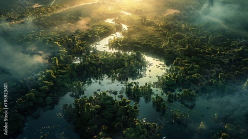 An Aerial View Of The Amazon River Deep Within The Rainforest hyper realistic 
