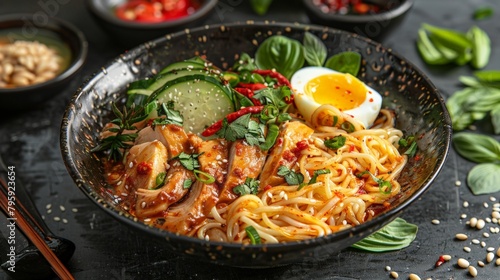 Bowl of noodles with egg and veggies