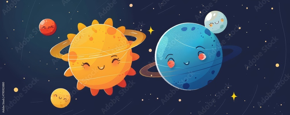 In a flat design style, a pair of cheerful planets engage in a friendly race around a sun, adorned with playful expressions