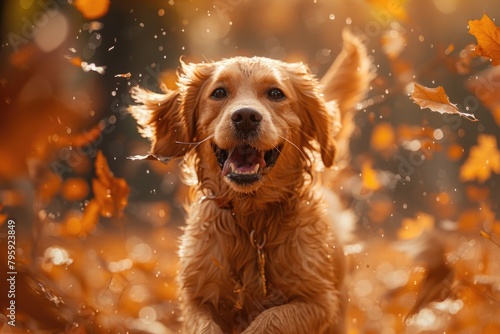 A dog races through a field covered in autumn leaves, its fur blending with the colorful foliage as it moves.