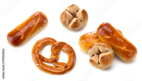 Some different lye bread on white background.