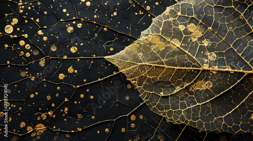 A leaf with gold spots is on a black background photo